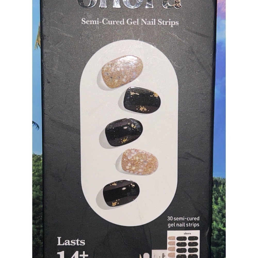 Ohora Midnight Sparkle Semi-Cured Gel Nail Strips Black Gold Glitter 30ct NEW